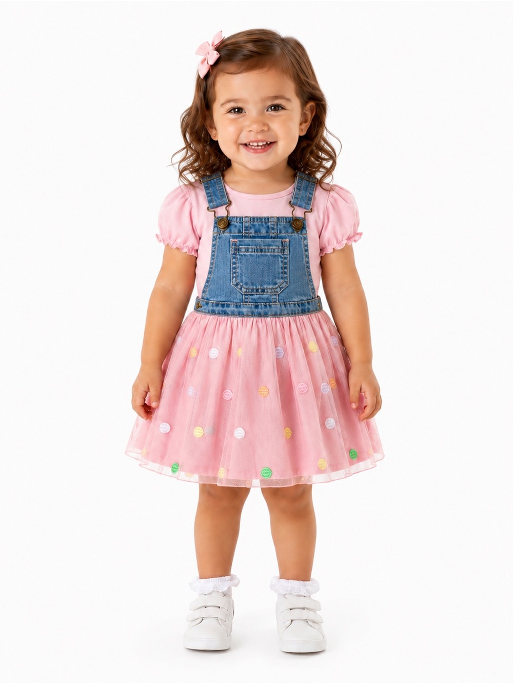 wonder nation Pink Denim Overall Dress with Polka Dot Tulle Skirt